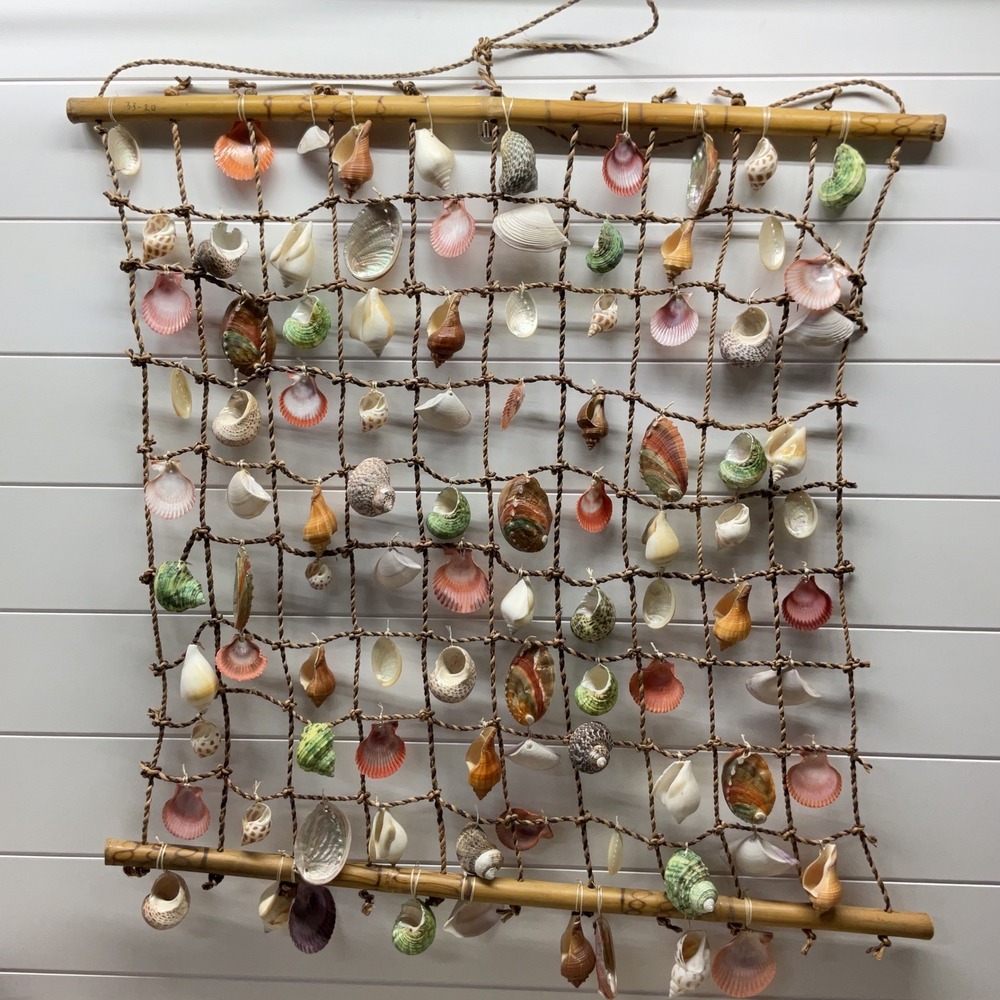 Vintage Seashell Bamboo Rope Net Wall Hanging Coastal Nautical Boho Decor 22x24
